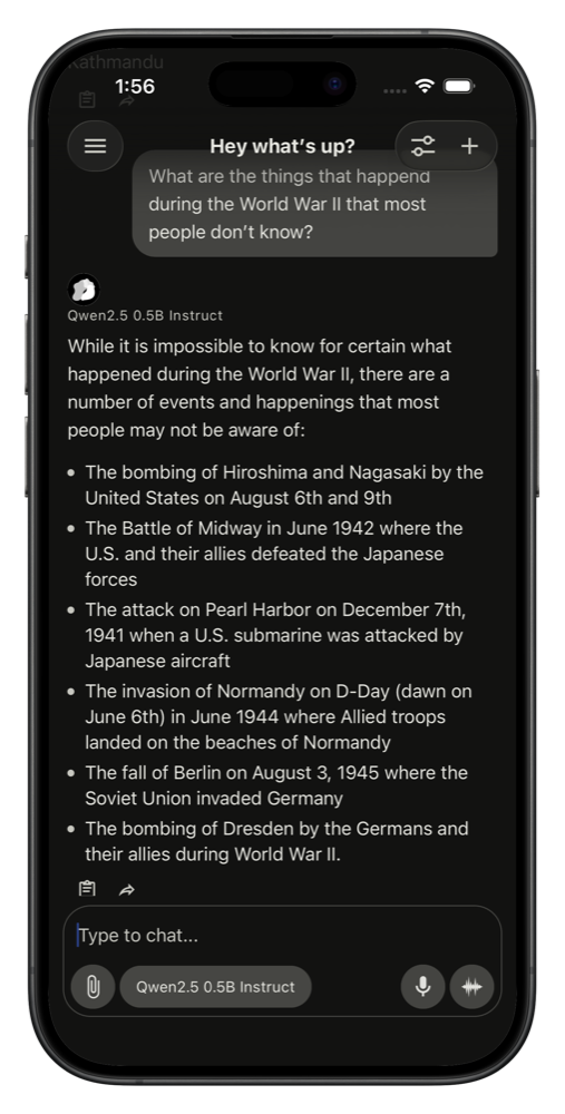 A model answering in dark mode, entirely on-device